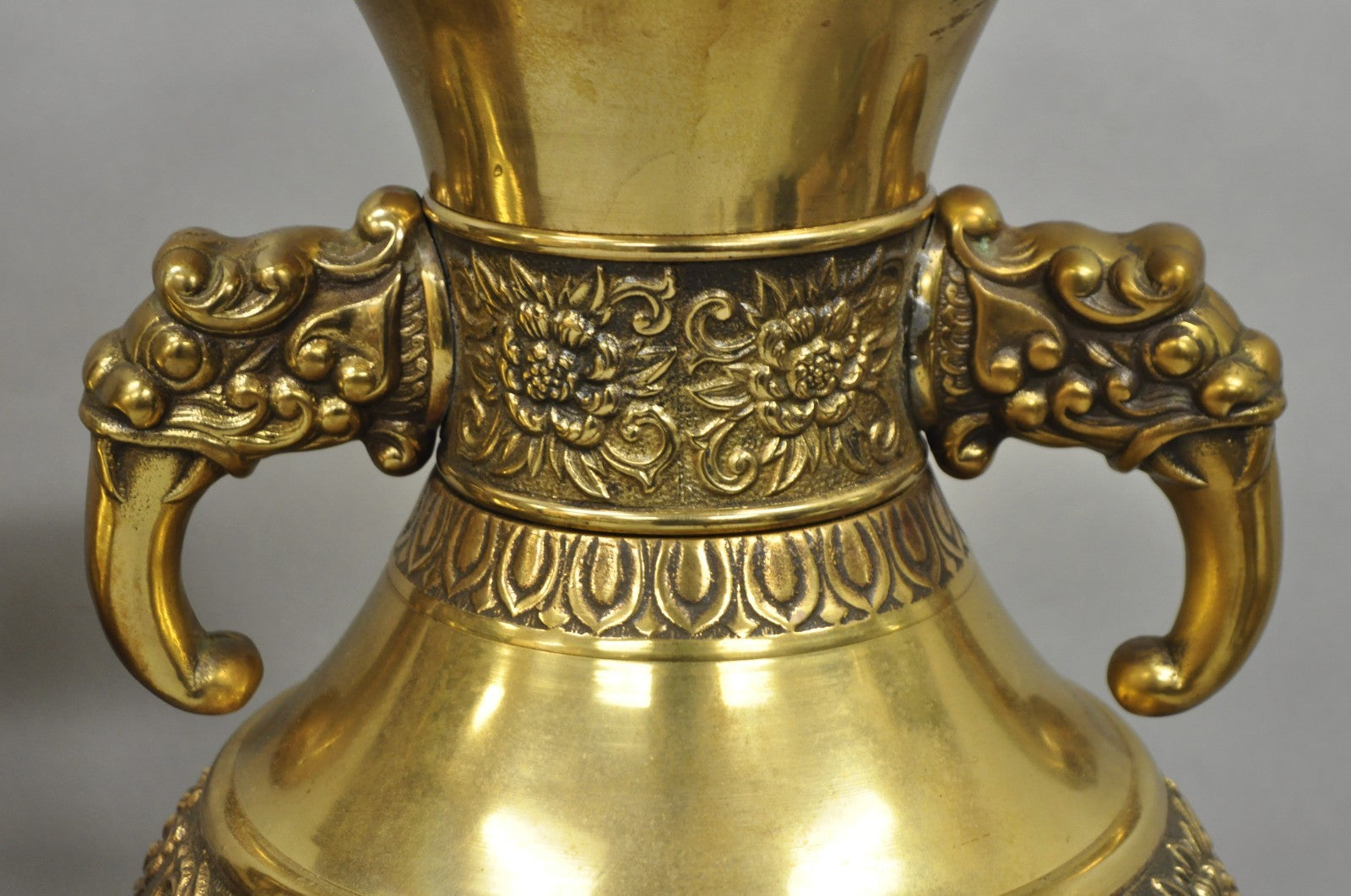 Vintage Brass Chinese Jardinière Elephant Handle Oriental Table Lamps - a Pair