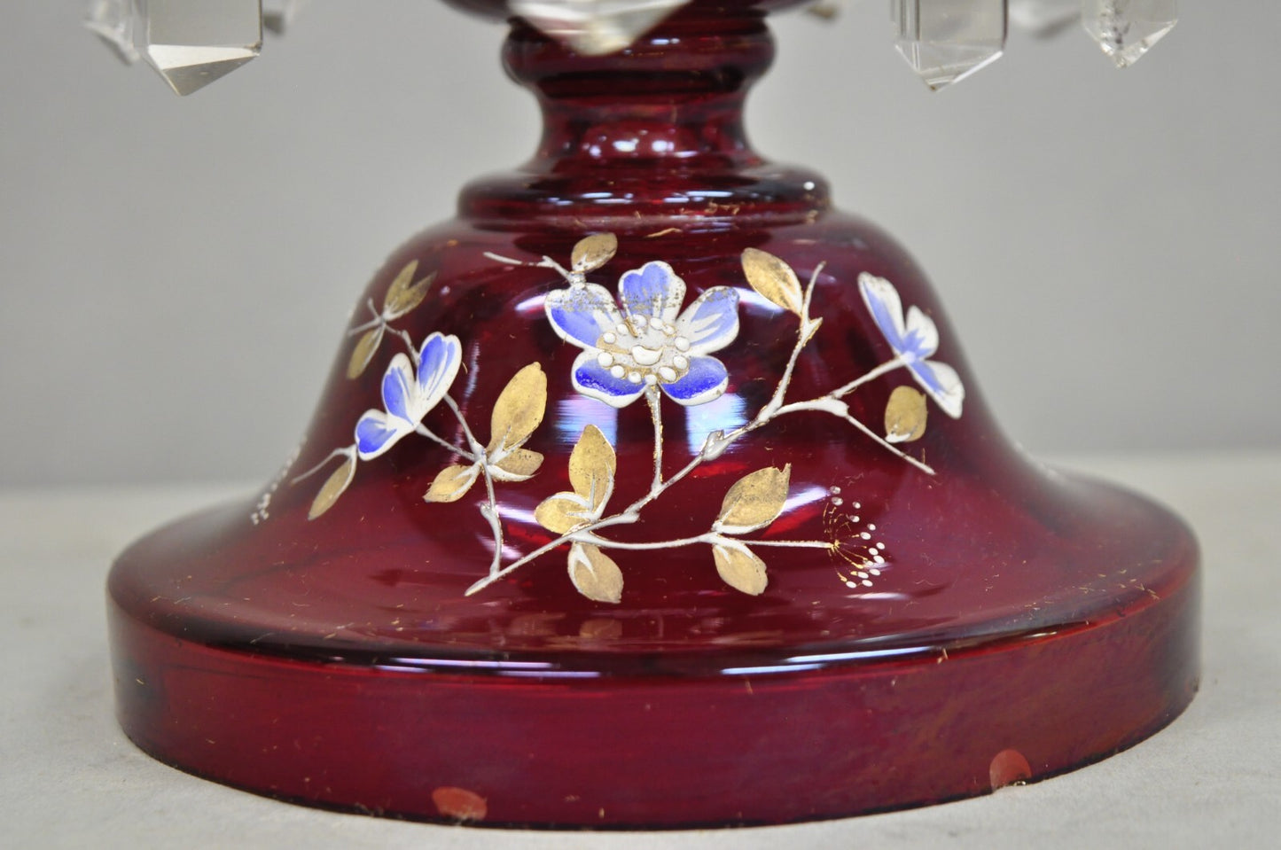 Antique Victorian Cranberry Glass Hand Painted Mantel Lustre Vase with Crystals