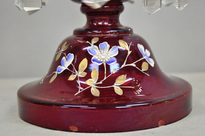 Antique Victorian Cranberry Glass Hand Painted Mantel Lustre Vase with Crystals