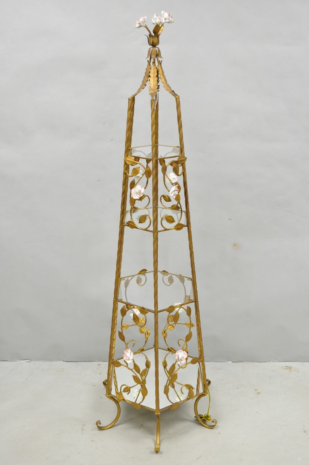 Vintage Italian Hollywood Regency Gold Tole Metal 4 Tier Lighted Etagere Curio