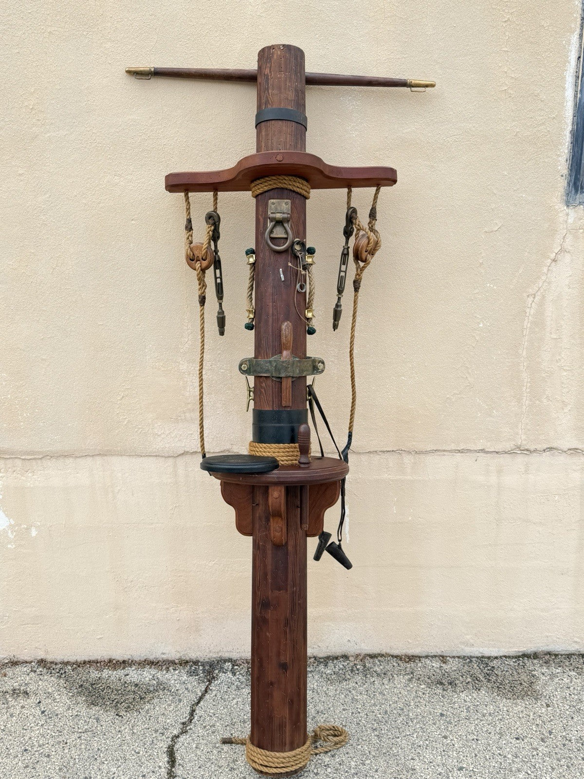 Vintage Custom Nautical Wood 95" Ship Mast Mancave Bar Island w Pulley & Ropes