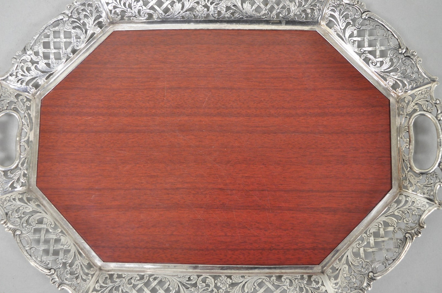 Vintage Victorian Melamine & Silver Plated Faux Wood Bar Liquor Serving Tray