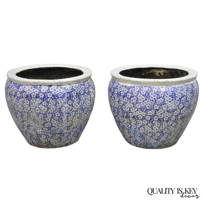 Antique Chinoiserie Large Blue White Terracotta 23" Jardiniere Planter Pot Pair