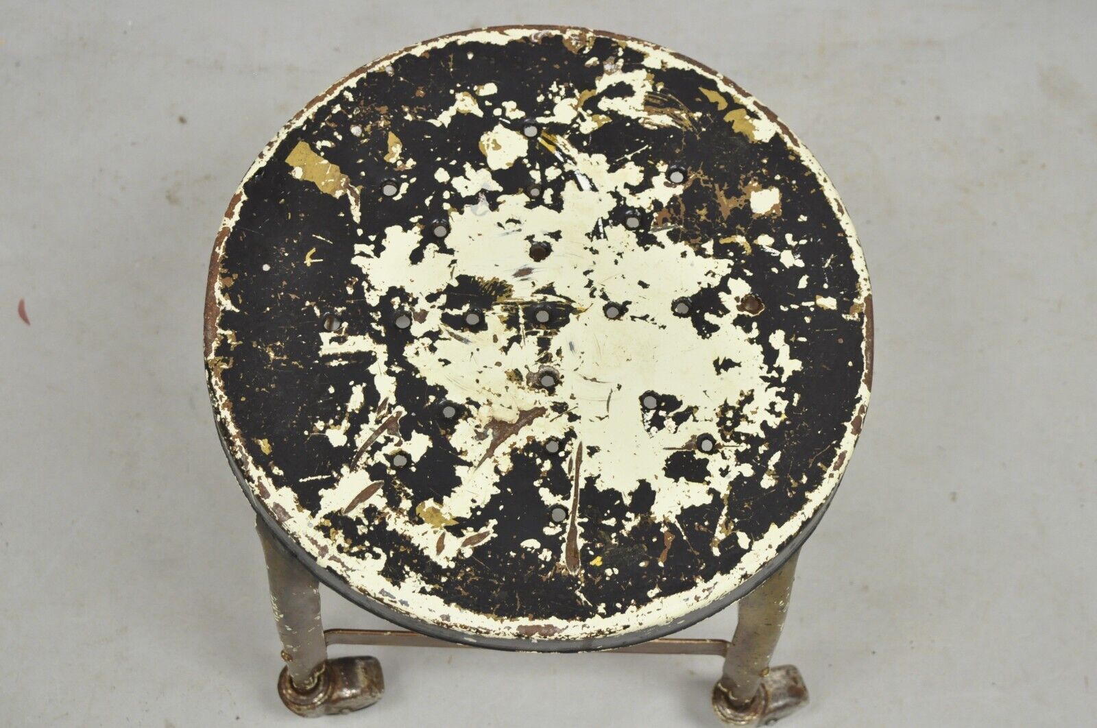 Antique American Industrial Distressed Painted Steel Metal Rolling Low Stool