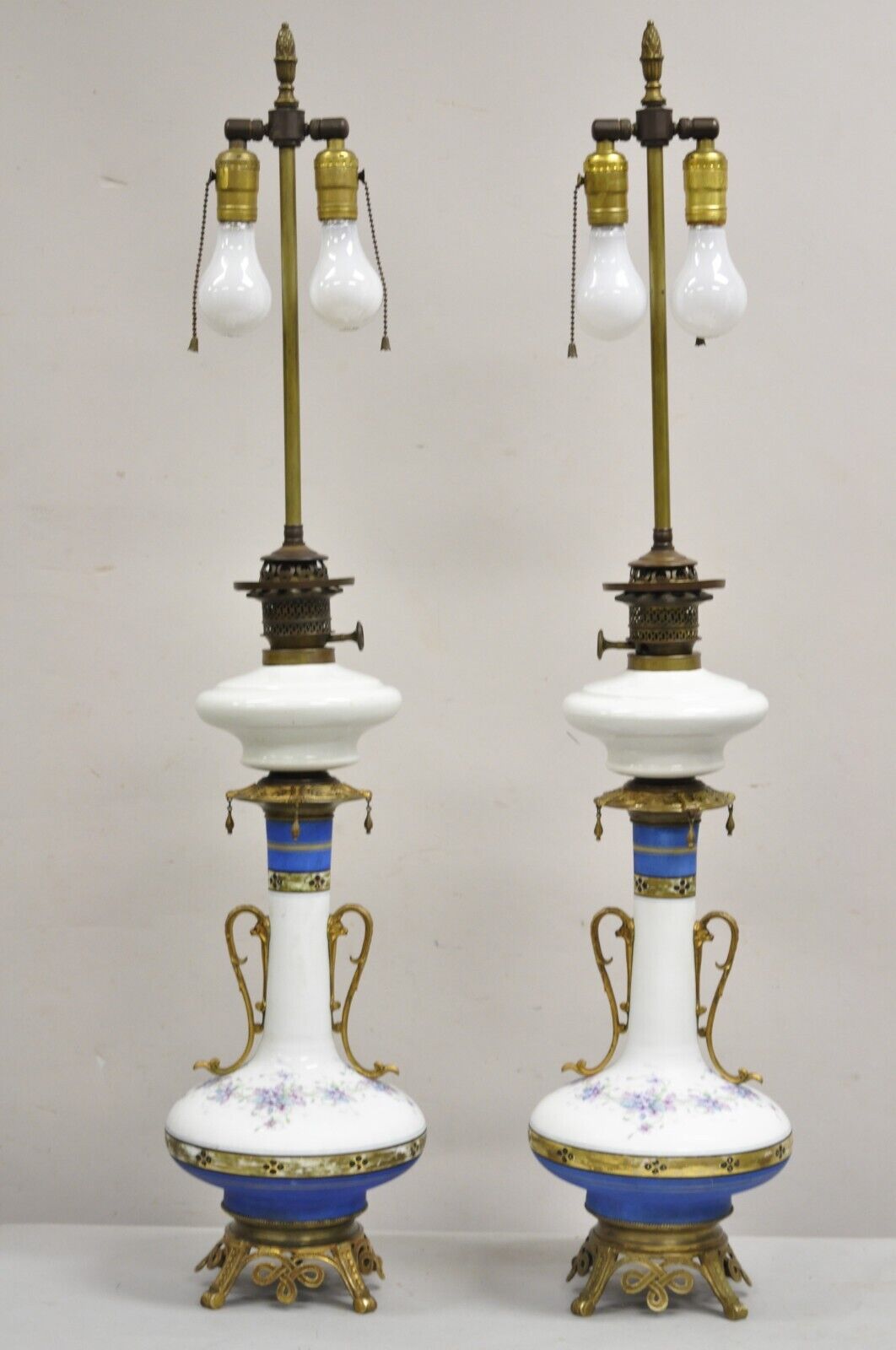 Antique French Victorian Porcelain German Oil Lamp Convert Table Lamp - a Pair