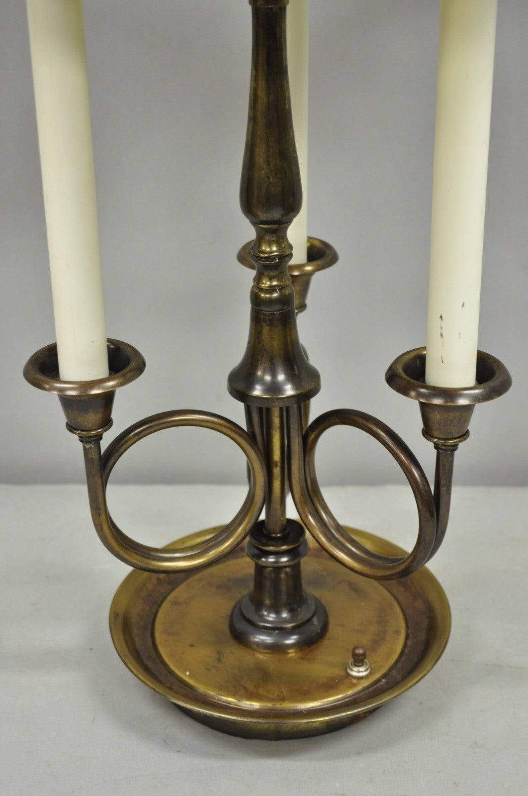 Frederick Cooper Brass Bouillotte Trumpet Arm Table Lamp w/ Green Tole Shade