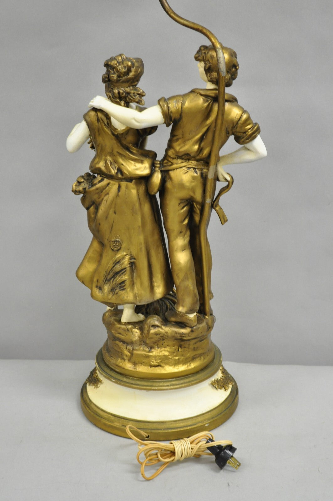 Antique French Renaissance Moreau Figural Metal Table Lamp, Wife & Farmer