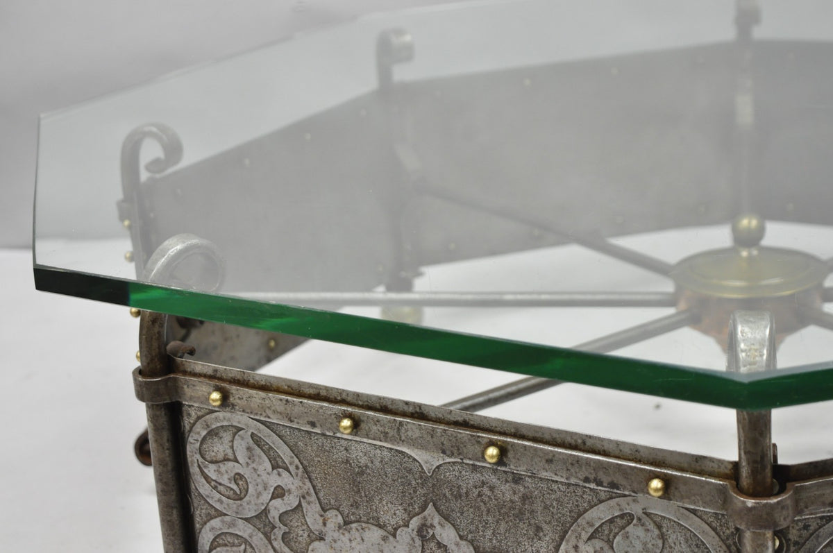Antique Gothic Spanish Renaissance Steel Brass Octagonal Glass Top Coffee Table