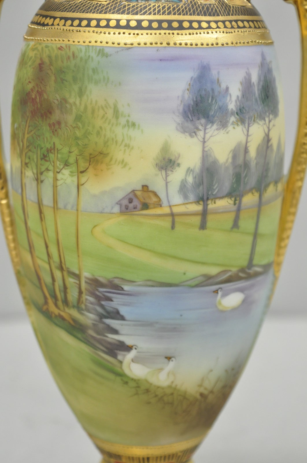 Antique Nippon Hand Painted Twin Handled Gold Gilt Lake & Swan Scene Bolted Vase