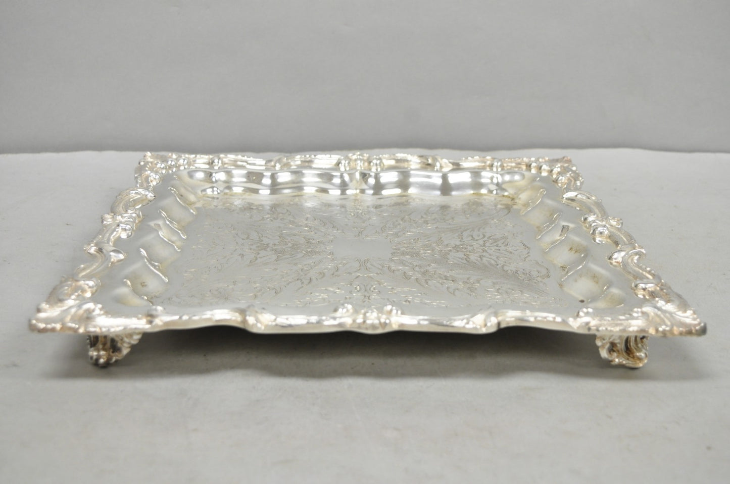 Vintage English Silver Mfg. Silver Plated Ornate Square Bar Serving Platter Tray