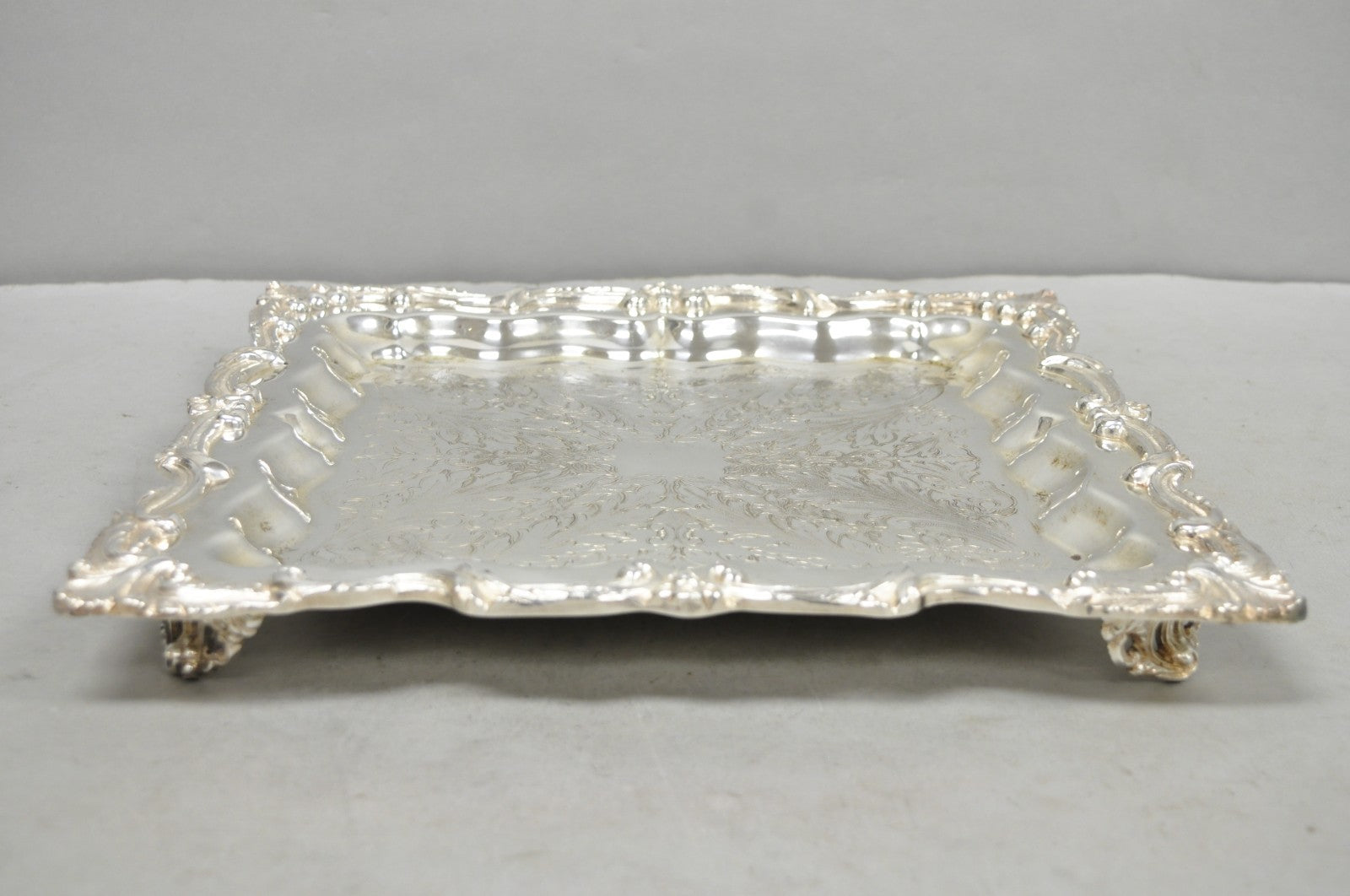 Vintage English Silver Mfg. Silver Plated Ornate Square Bar Serving Platter Tray