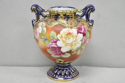 Antique Nippon Hand Painted Floral Design Cobalt Blue Porcelain Bolted Urn Vase