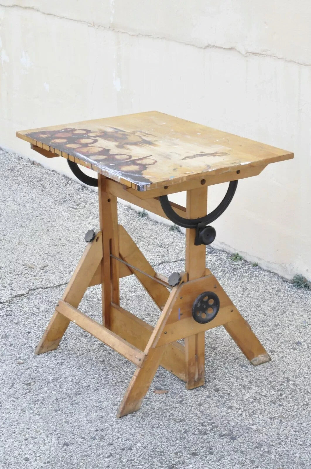 Antique American Industrial Small Wood & Cast Iron Drafting Table Work Desk