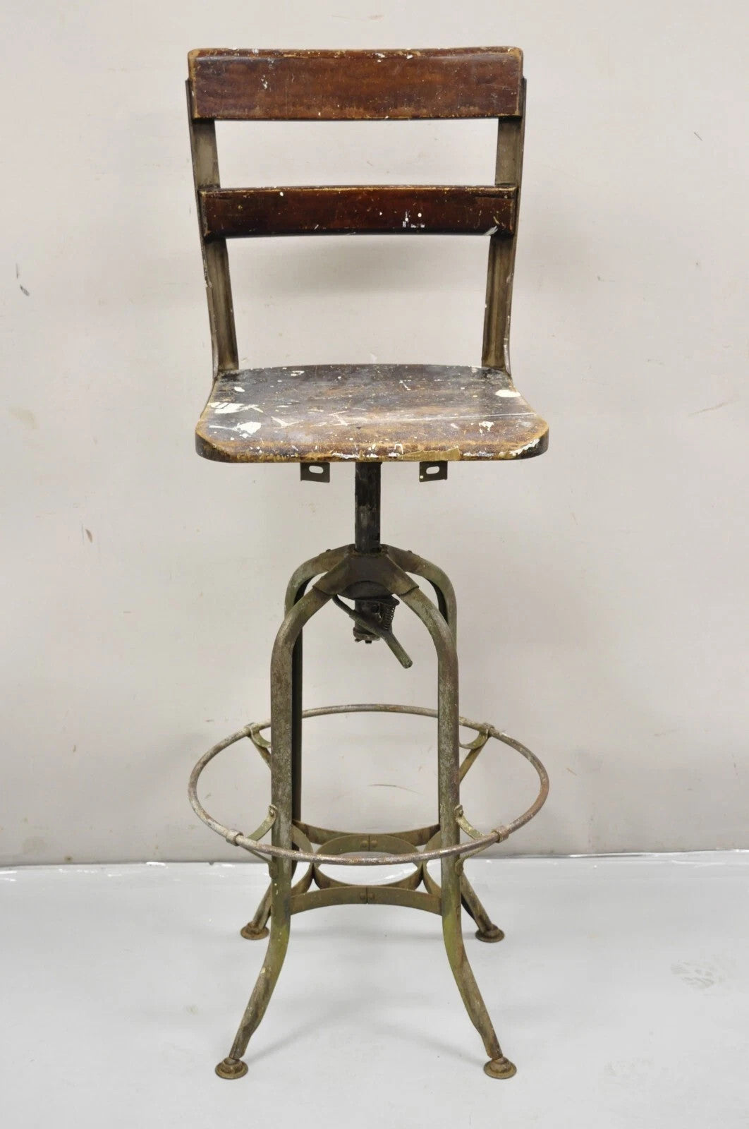 Vintage Industrial Toledo Metal Co Steel & Wood Adjustable Drafting Stool Chair
