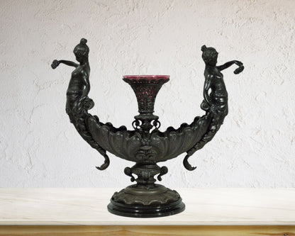Antique Victorian Spelter & Marble Figural Mermaid Centerpiece Bowl Vase Epergne