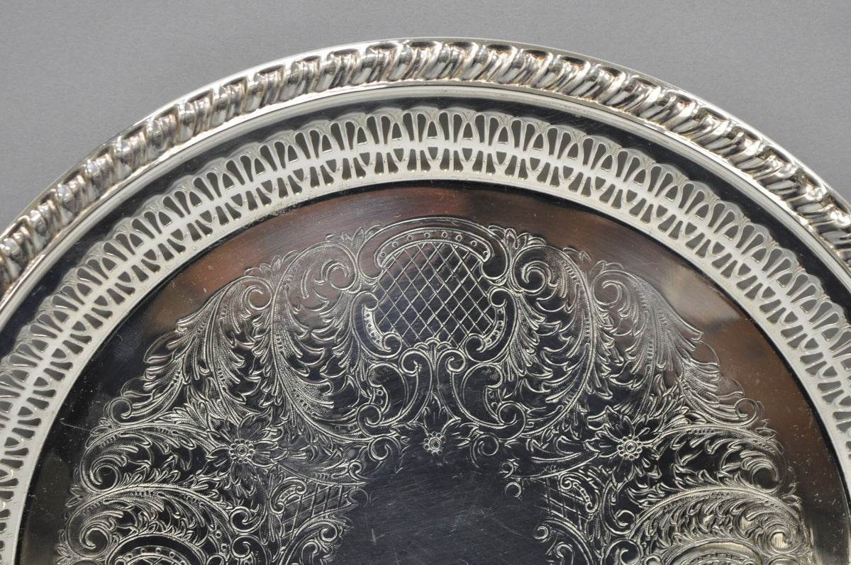 Vintage Leonard Silver Plated Pierced Gallery 12" Round Serving Platter Tray