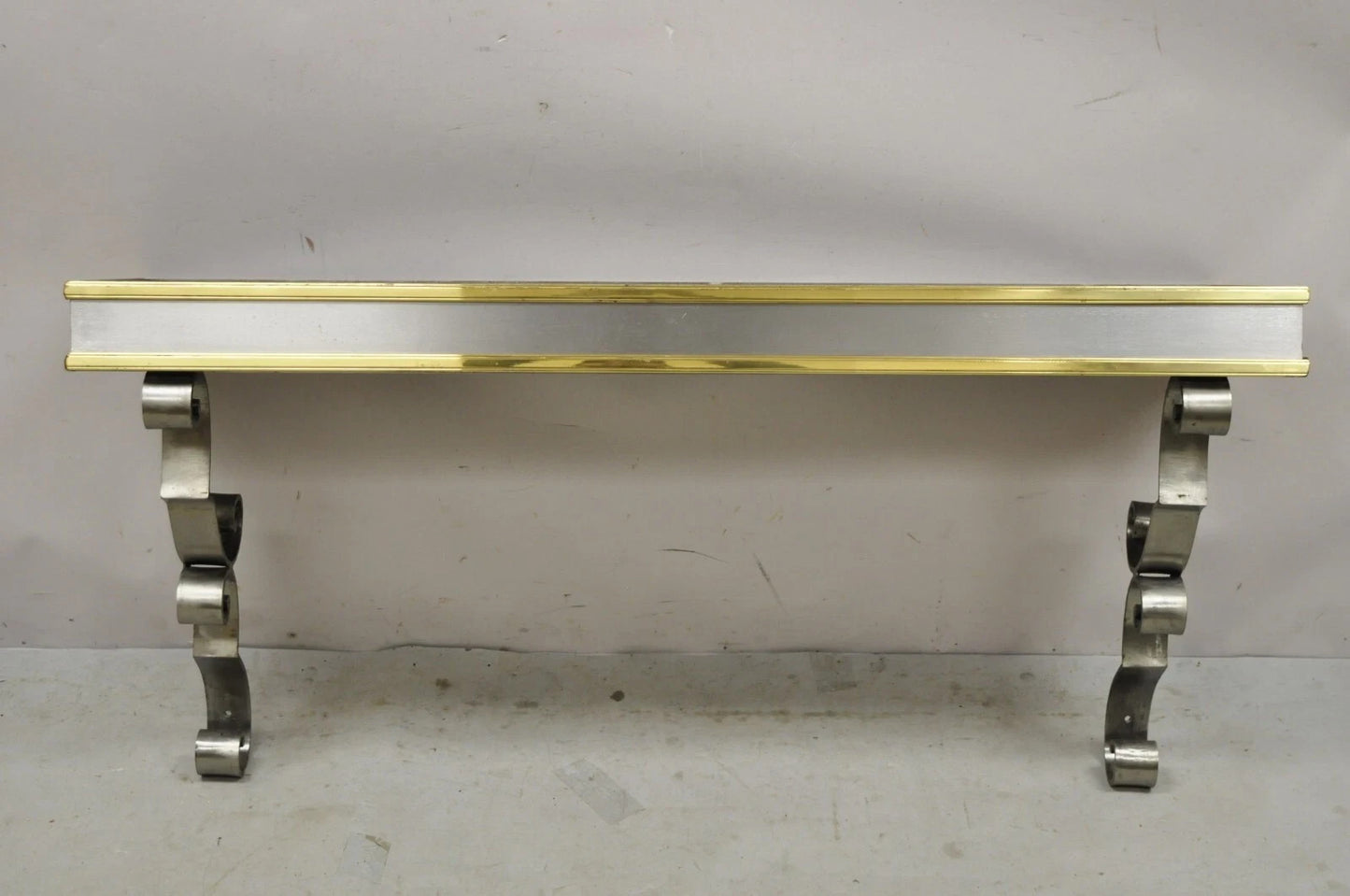 Vintage Italian Regency Steel & Brass Slate Top Wall Mounted Hall Console Table