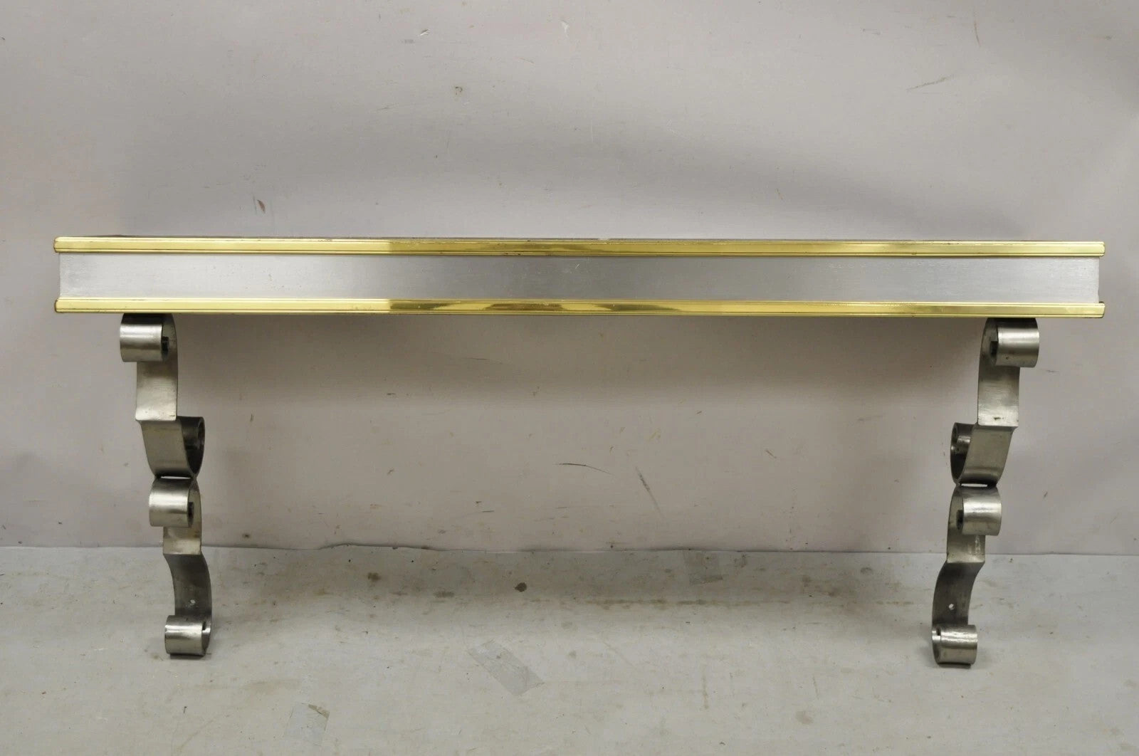 Vintage Italian Regency Steel & Brass Slate Top Wall Mounted Hall Console Table