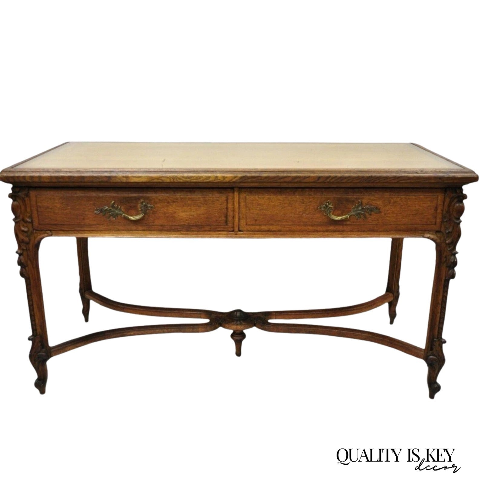 Antique French Victorian Louis XV Style Oak 2 Drawer Writing Desk Console Table