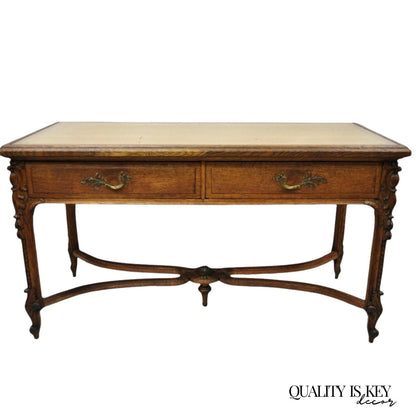 Antique French Victorian Louis XV Style Oak 2 Drawer Writing Desk Console Table