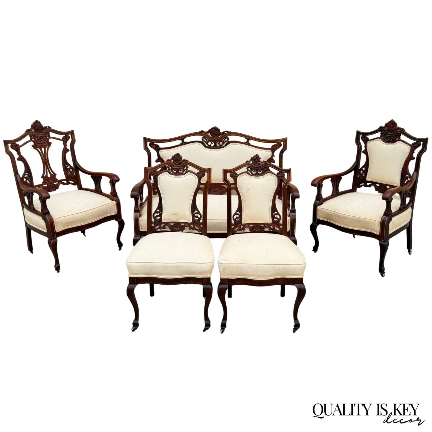Antique Victorian Carved Mahogany Inlaid Parlor Set Sofa and 4 Chairs - 5 Pcs