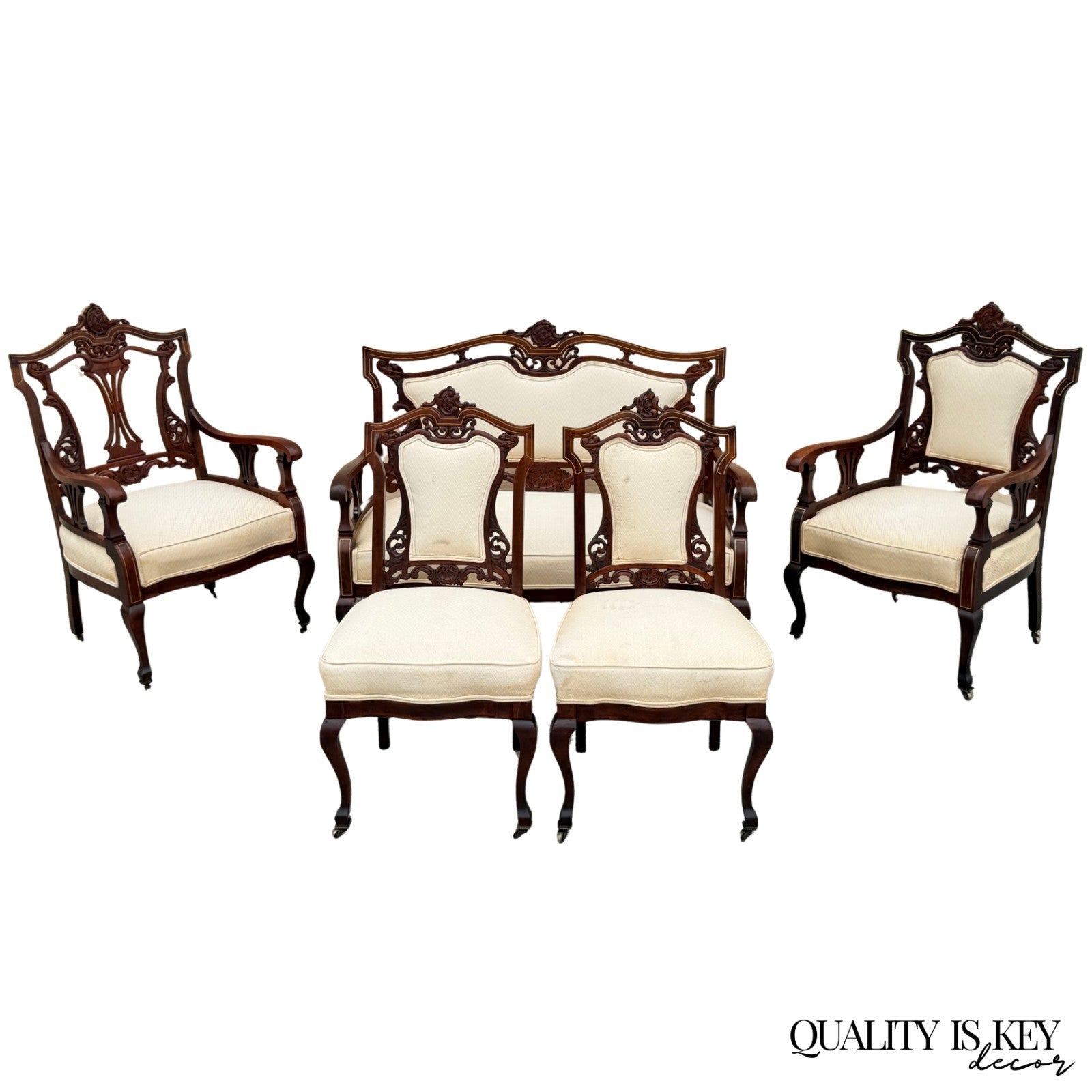 Antique Victorian Carved Mahogany Inlaid Parlor Set Sofa and 4 Chairs - 5 Pcs
