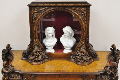 French Renaissance Louis XV Style Figural Carved Walnut Curio Display Buffet
