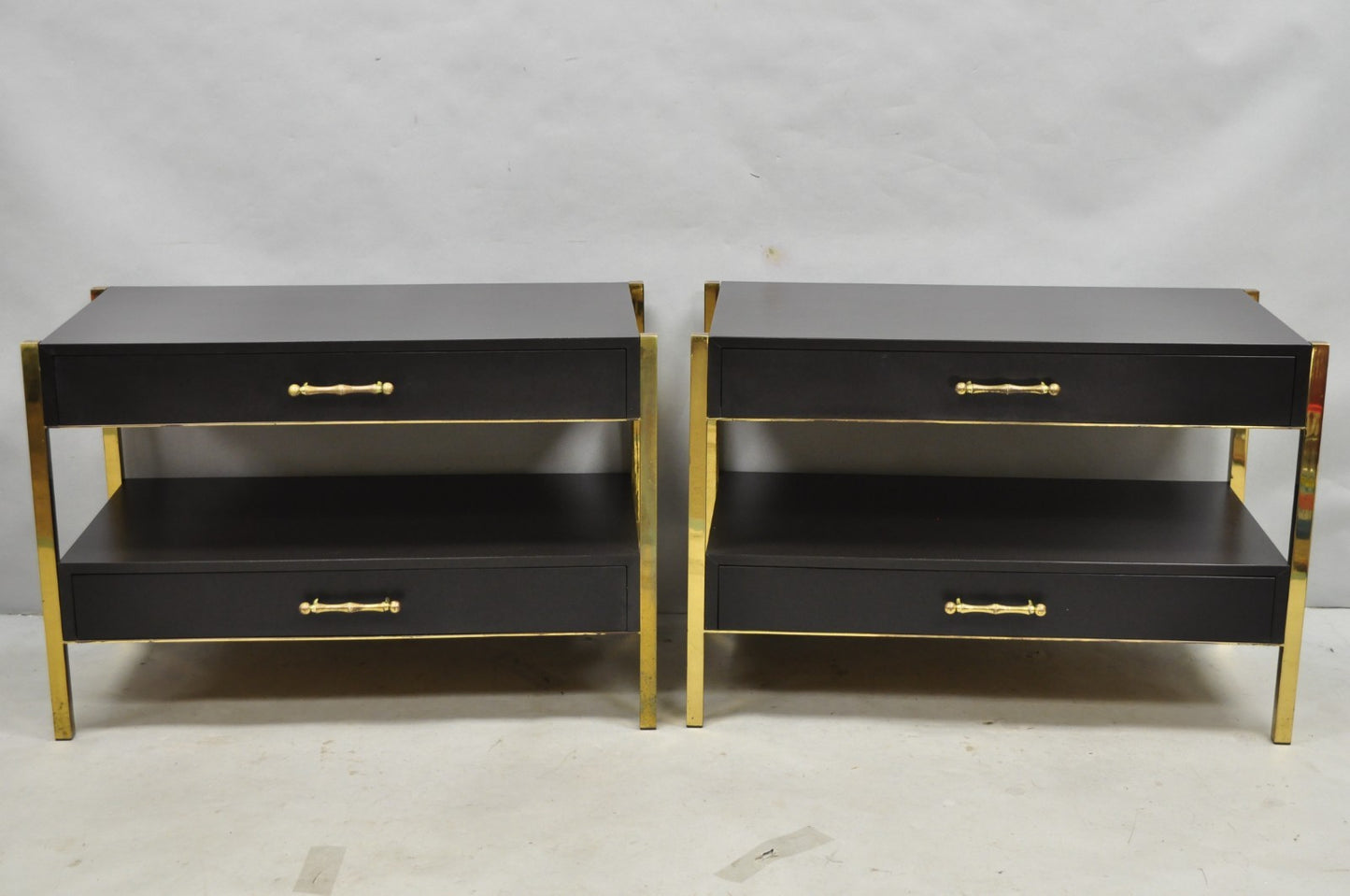 Contemporary Modern Black & Brass Faux Bamboo Nightstand Bedside Table - a Pair