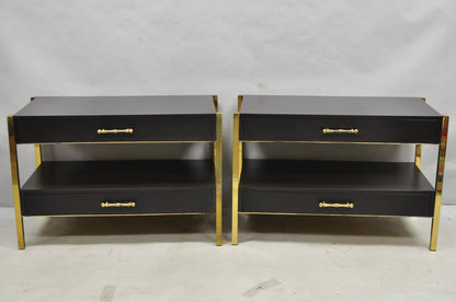 Contemporary Modern Black & Brass Faux Bamboo Nightstand Bedside Table - a Pair