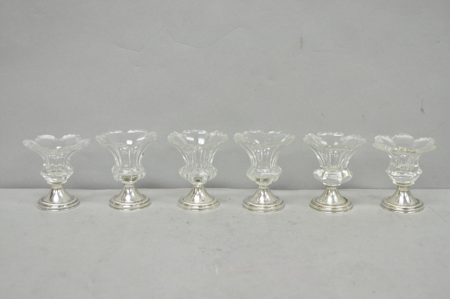 Antique English Victorian Crystal Glass & Silver Sweetmeat Candy Nut Dish, Set 6