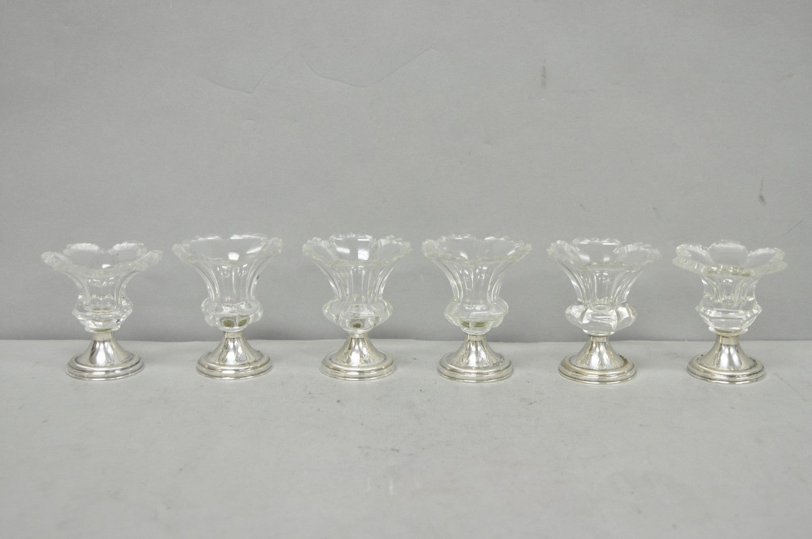 Antique English Victorian Crystal Glass & Silver Sweetmeat Candy Nut Dish, Set 6