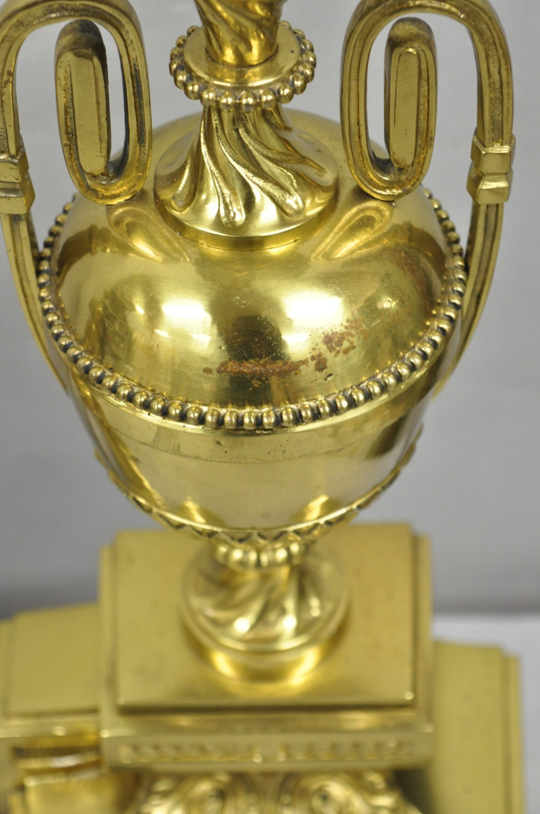 Vintage French Empire Style Gold Brass Urn Fireplace Chenet Andirons - a Pair