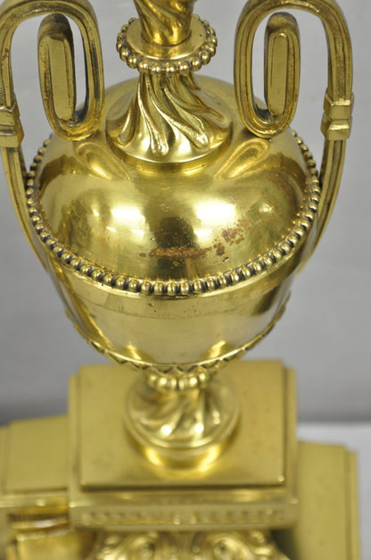 Vintage French Empire Style Gold Brass Urn Fireplace Chenet Andirons - a Pair