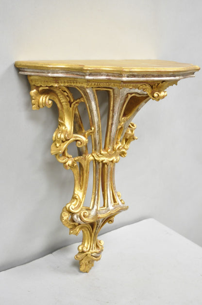 Vintage Italian Rococo Silver & Gold Giltwood Carved Large Wall Shelf Bracket