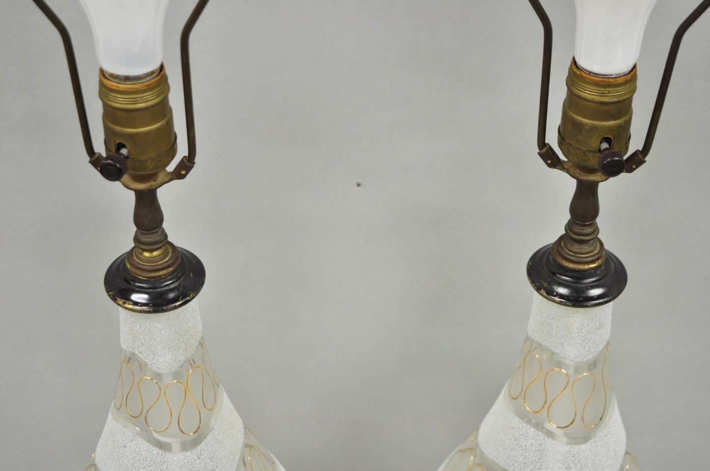 Vintage Mid Century Modern Sculpted Frosted Glass Gold Wavy Table Lamps - a Pair
