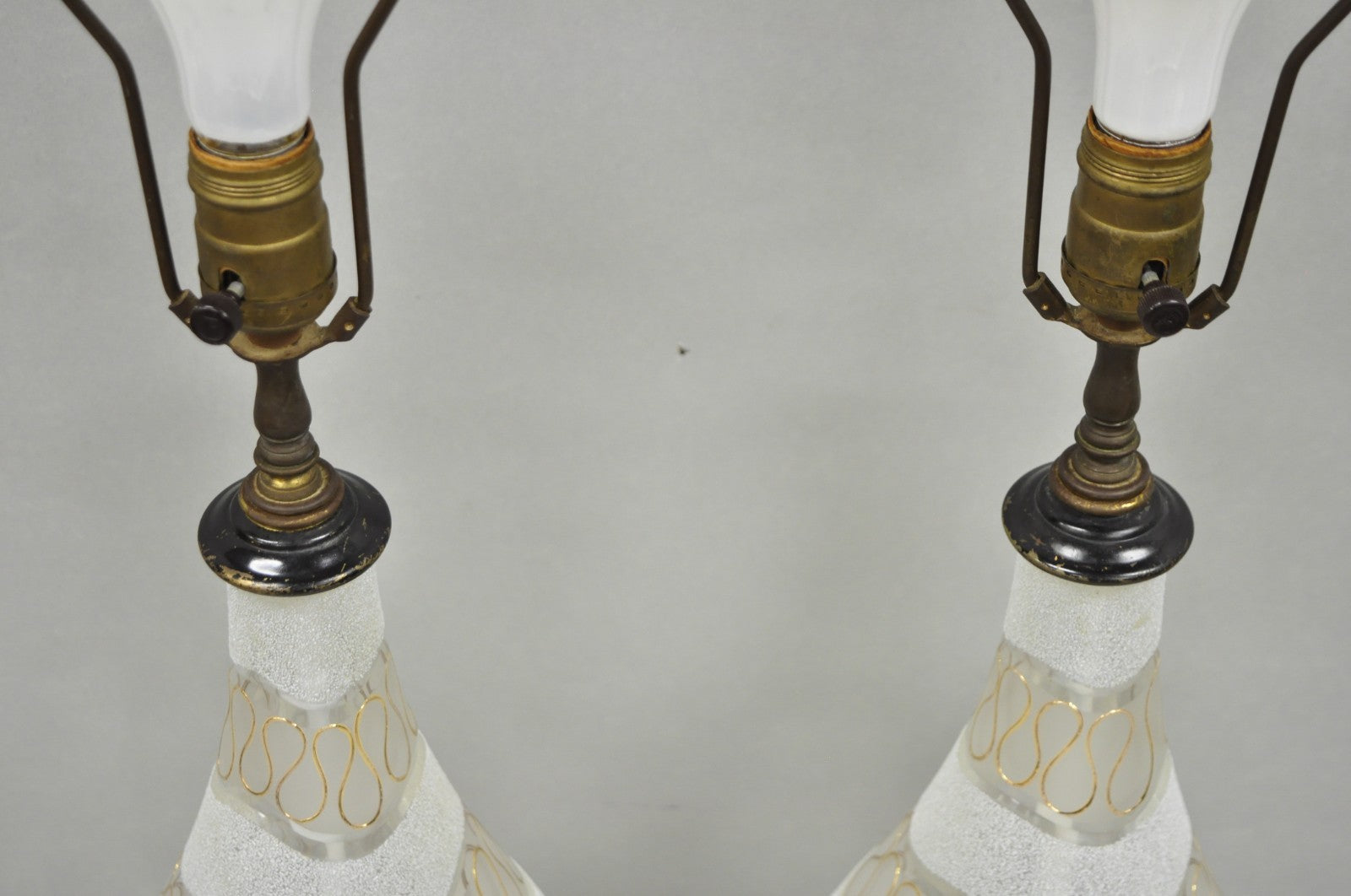 Vintage Mid Century Modern Sculpted Frosted Glass Gold Wavy Table Lamps - a Pair