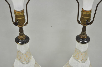 Vintage Mid Century Modern Sculpted Frosted Glass Gold Wavy Table Lamps - a Pair