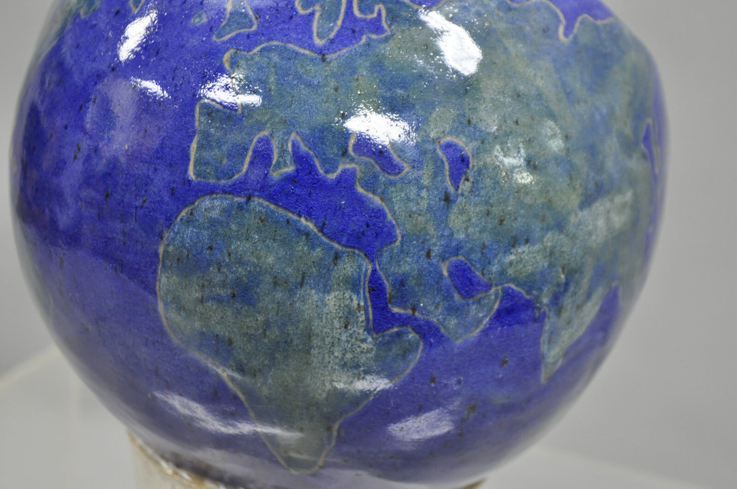 Vintage Mid Century Modern Blue Glaze Ceramic Pottery World Globe Face Sculpture