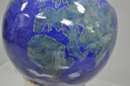 Vintage Mid Century Modern Blue Glaze Ceramic Pottery World Globe Face Sculpture
