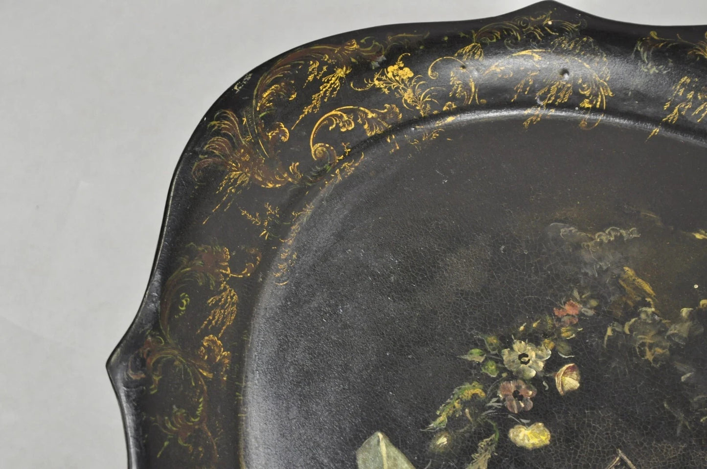 Antique French Papier Mache Tole Hand Painted Fruit Still Life and Bird Tray