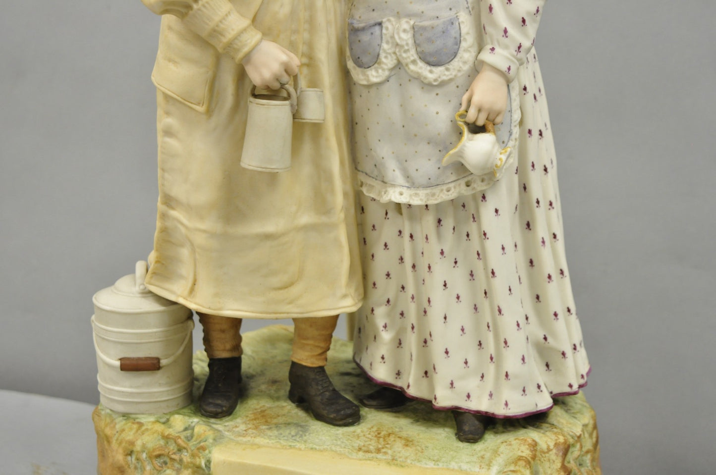 Antique Large Victorian Bisque "Taking The Cream" Porcelain Figure Table Lamp