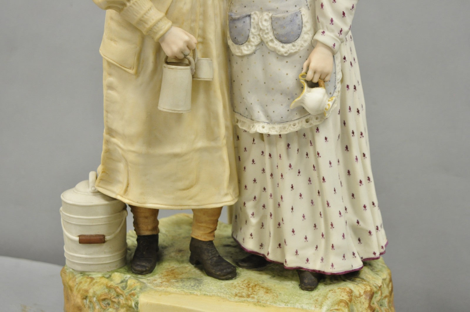 Antique Large Victorian Bisque "Taking The Cream" Porcelain Figure Table Lamp