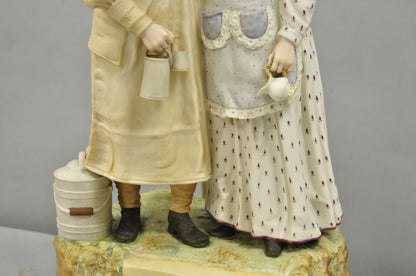 Antique Large Victorian Bisque "Taking The Cream" Porcelain Figure Table Lamp