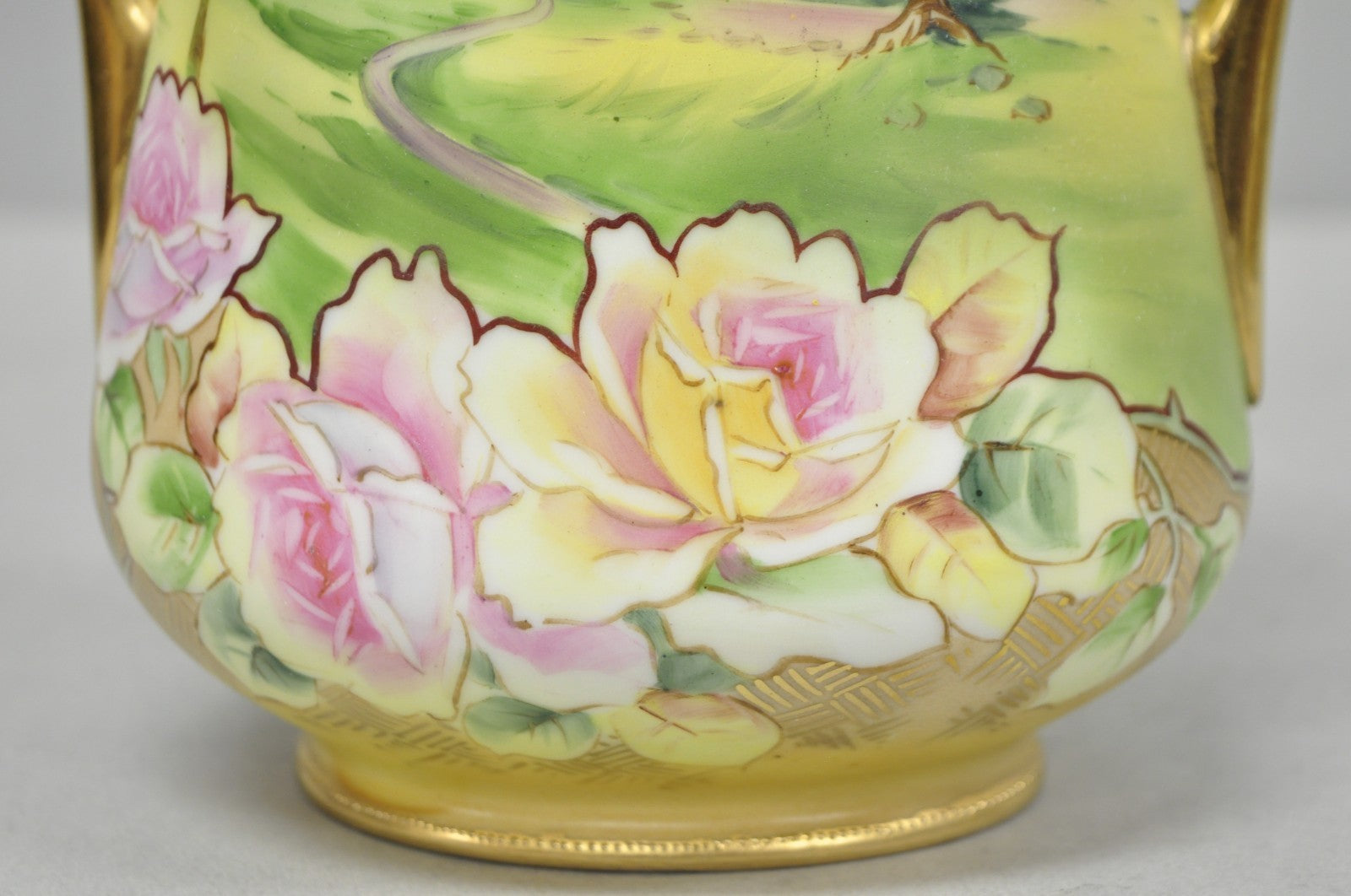 Antique Nippon Hand Painted Porcelain Twin Handle Vase w /Flowers & Lake Scene
