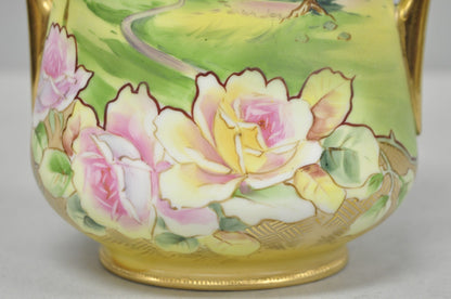 Antique Nippon Hand Painted Porcelain Twin Handle Vase w /Flowers & Lake Scene