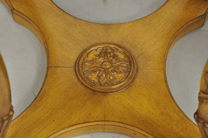 Vintage Italian Regency Round Leather Top Greek Key Carved Side Tables - a Pair