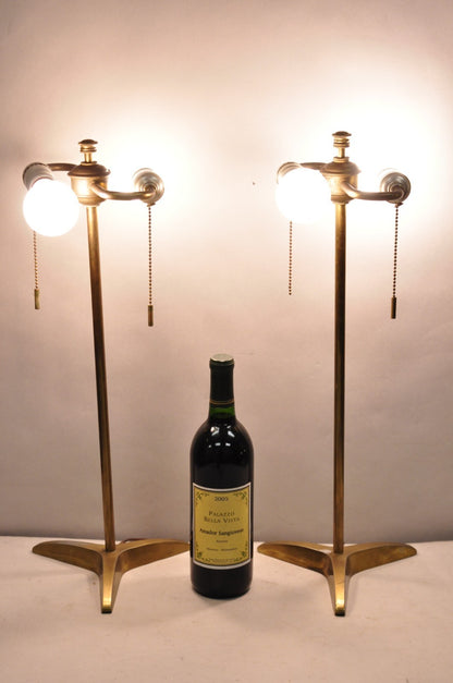 Vintage Gerald Thurston Stiffel Mid Century Modern Brass Tripod Table Lamp Pair