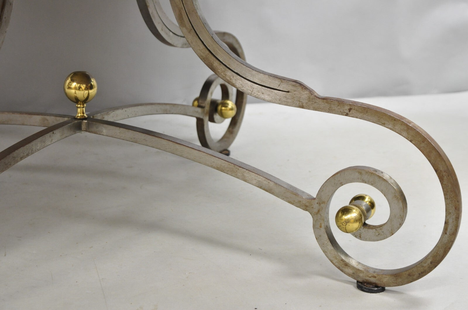 Vintage French Pastry Scrolling Steel and Bronze Neoclassical Round Dining Table