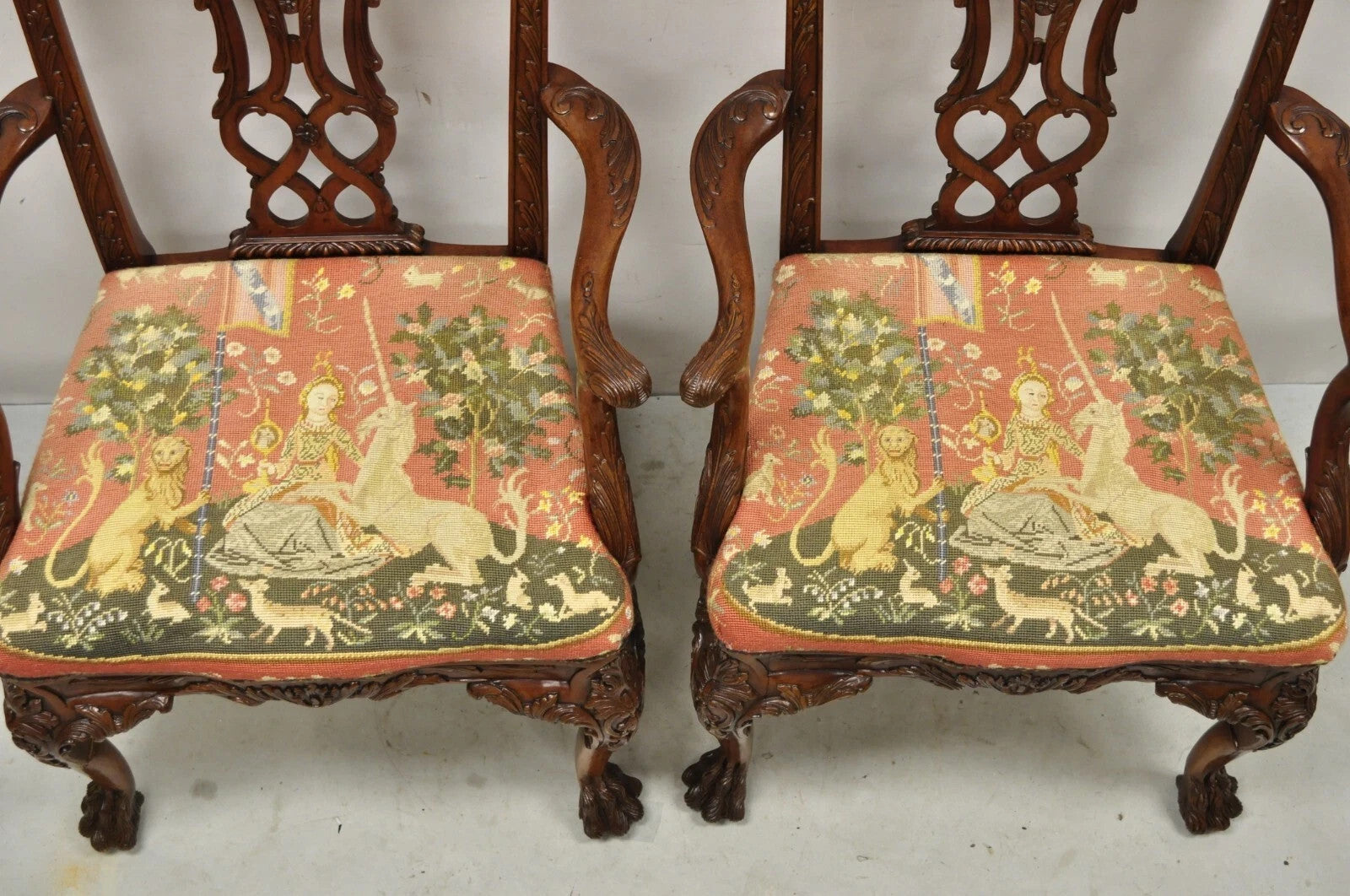 Maitland Smith Georgian Carved Mahogany Needlepoint Dining Arm Chairs - a Pair