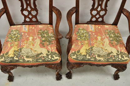 Maitland Smith Georgian Carved Mahogany Needlepoint Dining Arm Chairs - a Pair